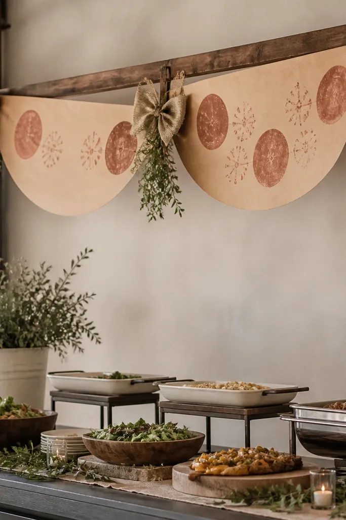 A buffet area with a kraft paper banner swag hanging above serving tables. The banner has repeating rust circles and small stamps. Small greenery sprigs and a few burlap bows hang from the banner corners.