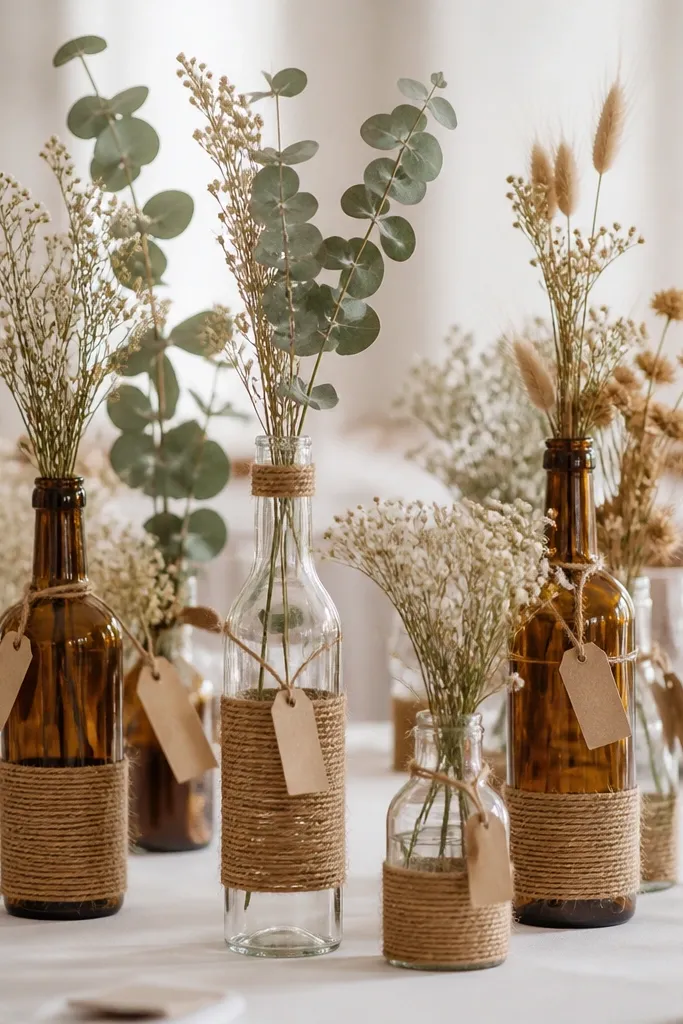 An assortment of clear and amber bottles on tables. Each bottle has twine wrapped around the neck and lower third, with a small tag tied to the twine. Dried flowers and eucalyptus are arranged in different heights across the centerpieces.