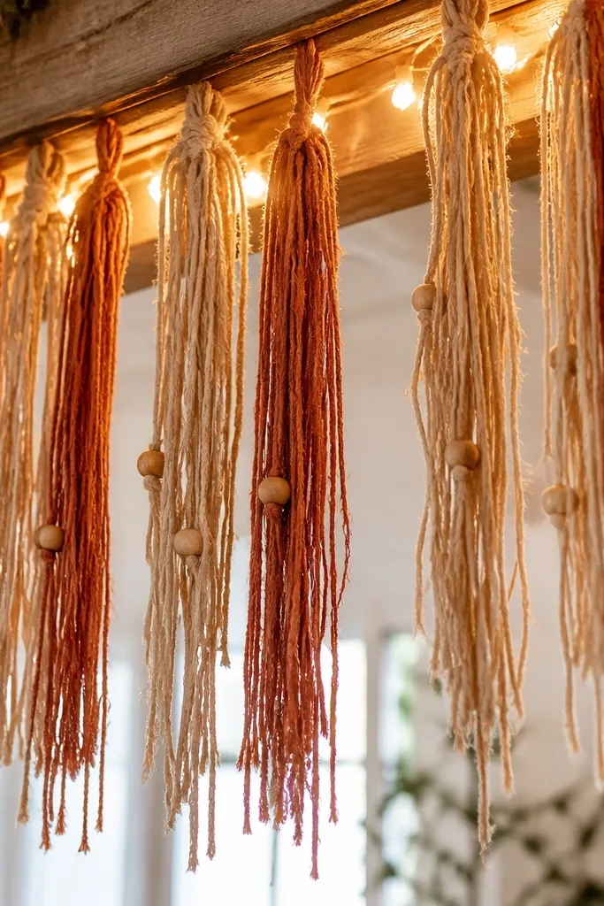 Burlap tassel strands hanging from a ceiling beam. The strands are rust and natural burlap with small wooden bead accents. Warm string lights run behind the tassels, creating a glowing effect.