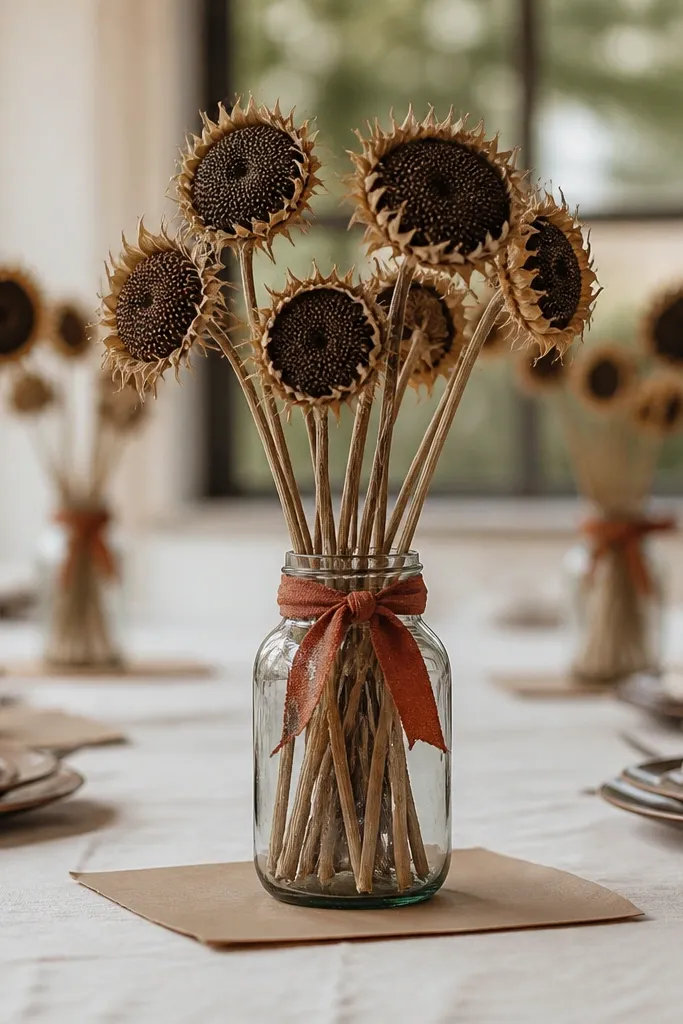 Centerpieces with dried sunflower heads and long stems arranged in simple glass jars. The jars sit on kraft paper squares, and each centerpiece has a small rust ribbon around the jar neck.
