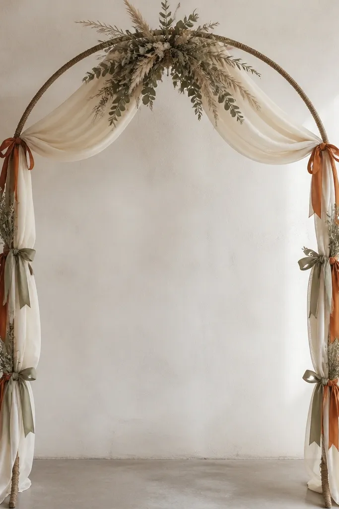 A simple arch made from a metal frame wrapped with twine. Two thrifted curtain panels in cream drape from the top, with rust and sage ribbon tied along the sides. Dried greenery is tucked into the center.