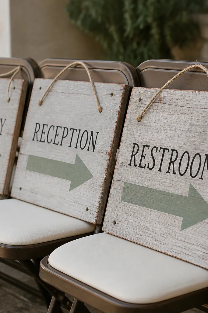 A row of weathered wood pallet boards leaning on folding chairs, each sign painted with a muted sage arrow and black lettering reading 'CEREMONY', 'RECEPTION', and 'RESTROOMS'. The wood shows rough nail holes, a light gray wash, and a thin rust-brown dry-brush edge. Twine loops hang from the top nails so the signs can be tied to chair backs.