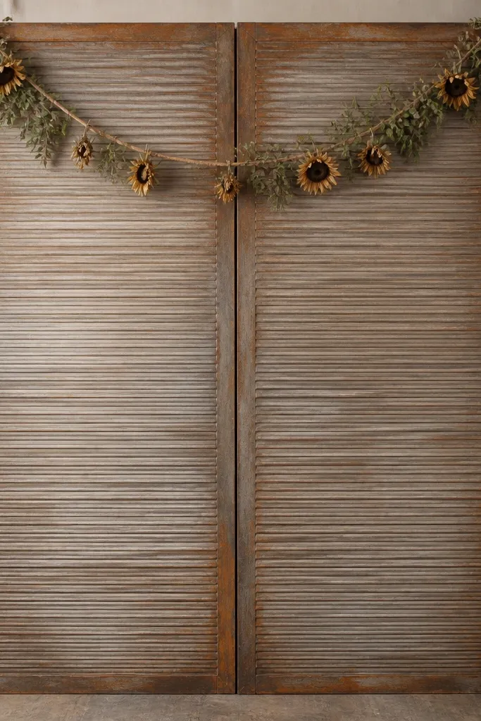 A tall backdrop that looks like two weathered barn doors. Two big foam core panels are covered with corrugated cardboard strips laid horizontally, then stained in warm gray and brushed with rust-brown around the edges. A simple arch of twine hangs across the top, with small faux greenery sprigs and a few dried sunflower heads tucked into the folds. The surface has visible corrugation lines catching light.