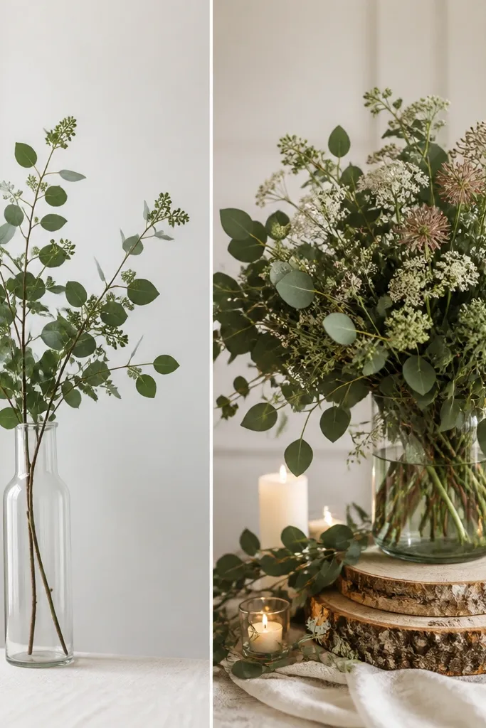 Left image shows a slim vase with a few sprigs of greenery and no base. Right image shows a wider arrangement on a stack of wood slices with thick greenery, small wildflower clusters, and candles nestled around the edges.