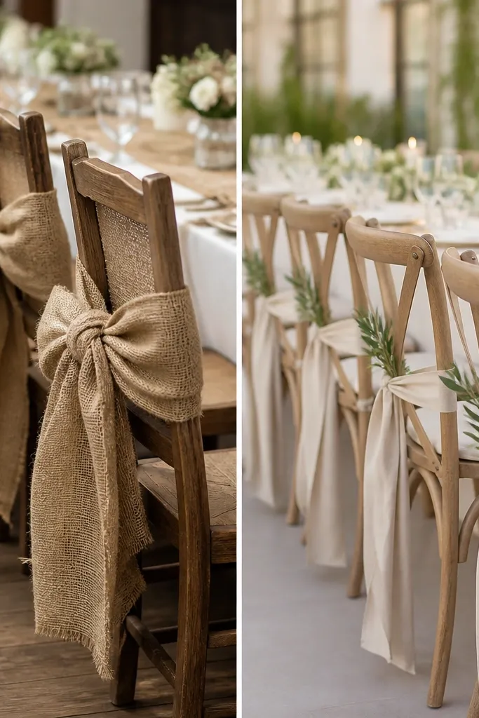 Left shows chairs with bulky burlap bows tied tightly on the back. Right shows chairs with neat linen ties spaced evenly, with a small sprig of greenery tucked under each tie.