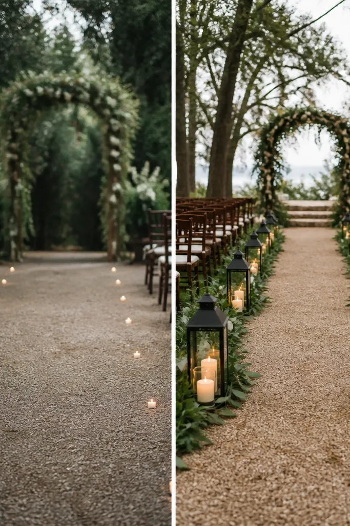 Left shows a line of tiny candles on the ground spaced far apart along the aisle. Right shows a continuous row of medium lanterns with greenery and larger candle cups, evenly spaced from start to ceremony spot.