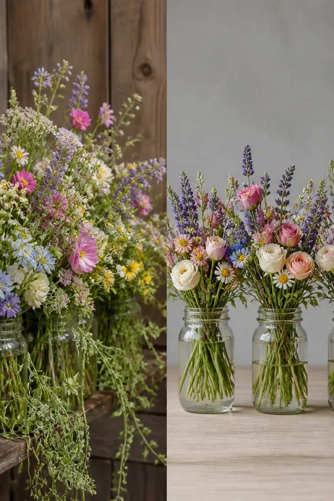 Left shows many mason jars packed with flowers so thick the stems spill everywhere. Right shows fewer jars with tighter bud clusters, visible stems, and consistent jar heights.