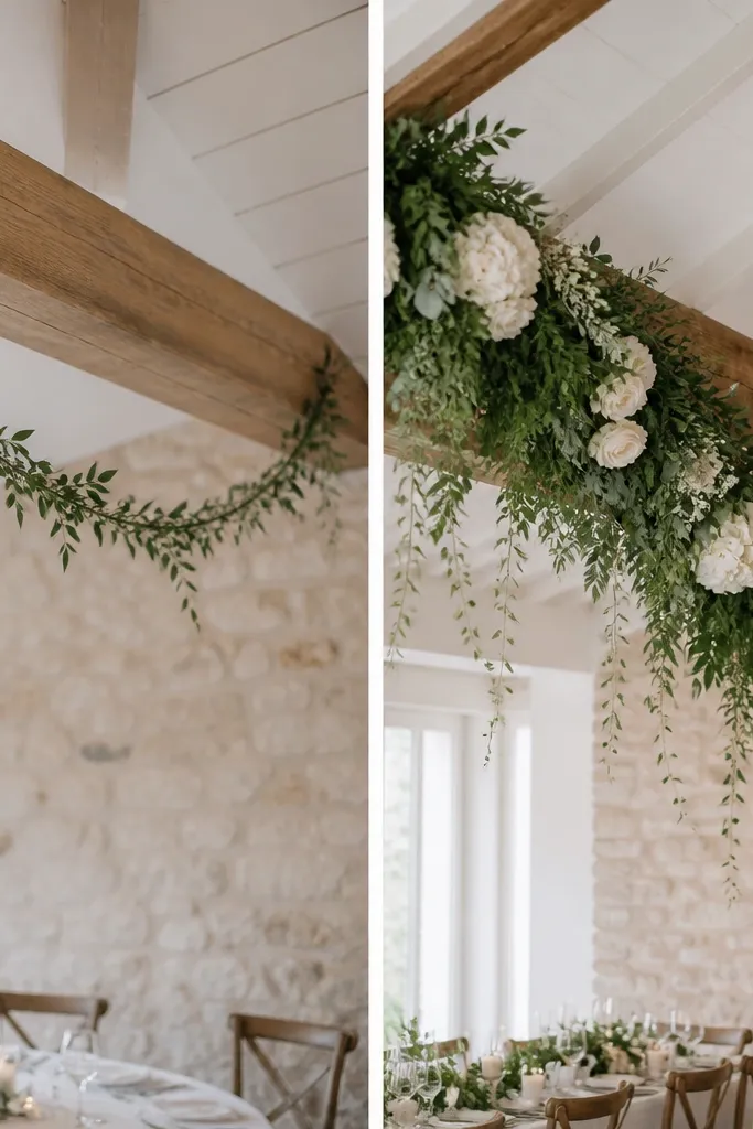 Left shows a narrow strand garland draped across a beam with visible gaps. Right shows a wide swag with layered greenery, fuller coverage, and a few larger flower clusters hanging at intervals.