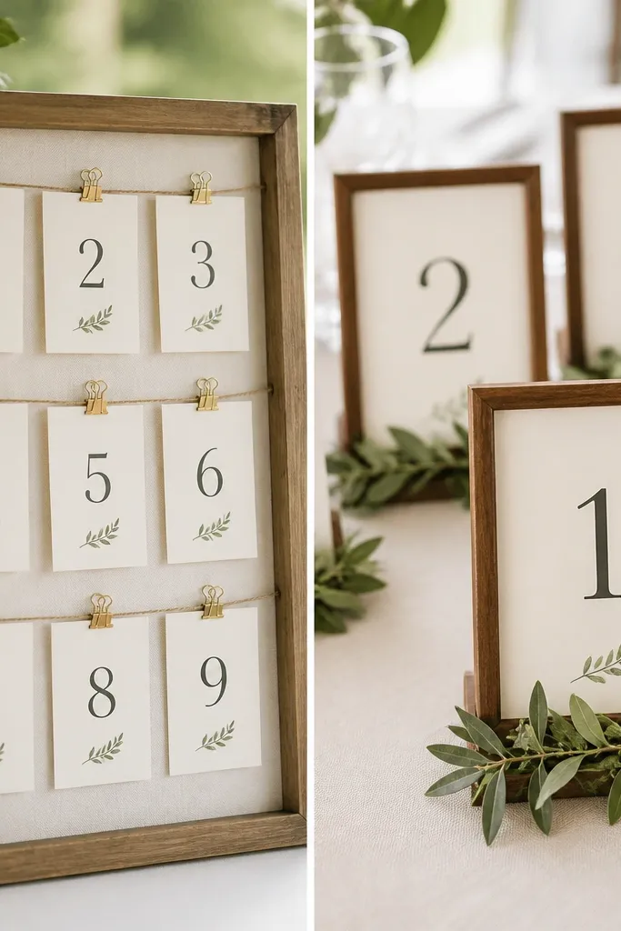 Left shows small table number cards clipped to a board. Right shows each table number printed on cream cardstock and placed in matching wood frames with simple greenery at the base.