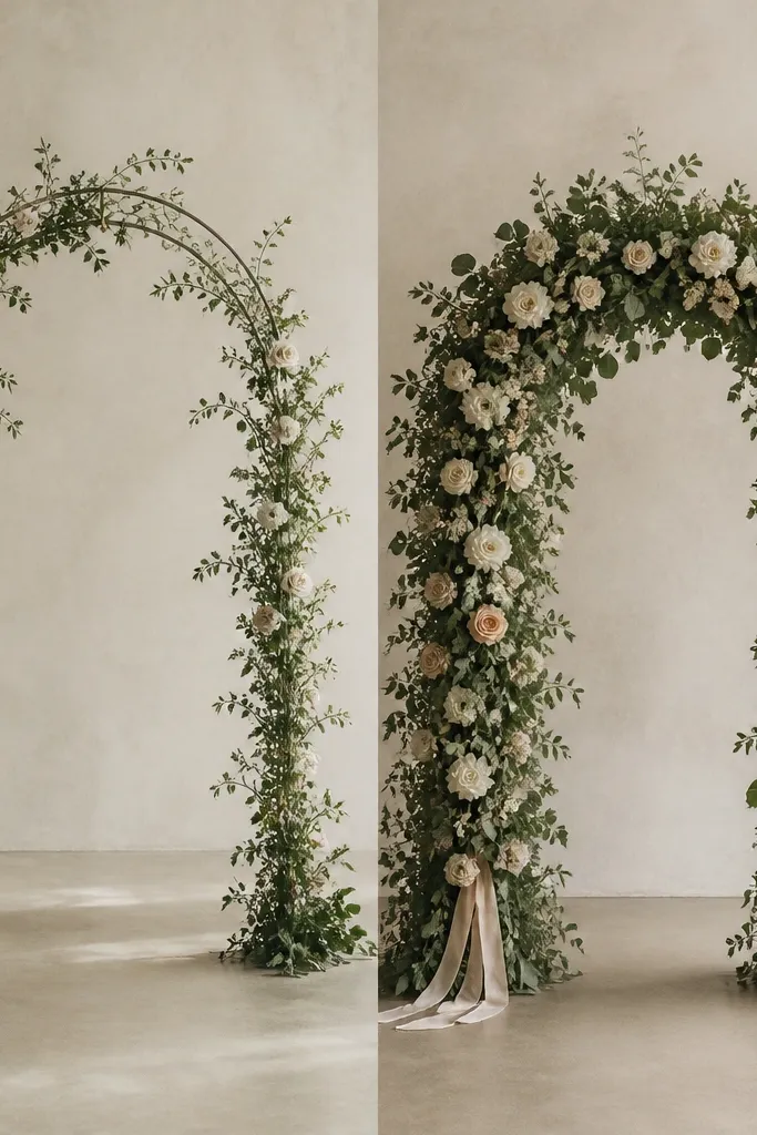 Left shows an arch made of thin greenery with sparse flowers and lots of visible frame. Right shows a full arch with thick layered greenery, denser flower placement, and a ribbon detail at the base.