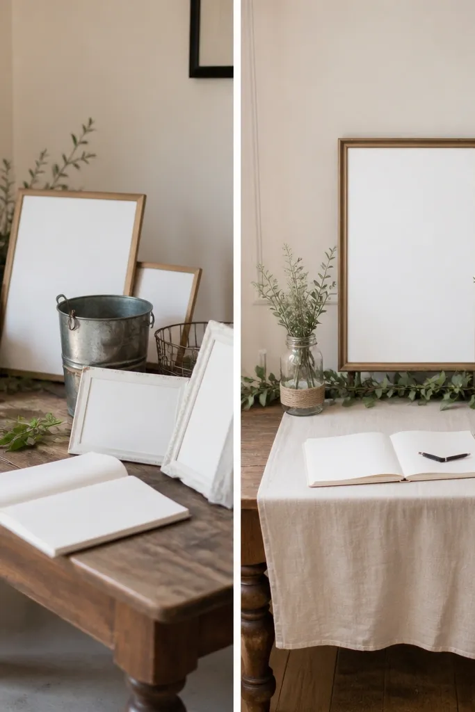 Left shows a welcome table with scattered signs, mismatched containers, and loose greenery. Right shows a neat vignette with one main welcome sign, a linen runner, matching jars, and a small greenery garland along the back edge.