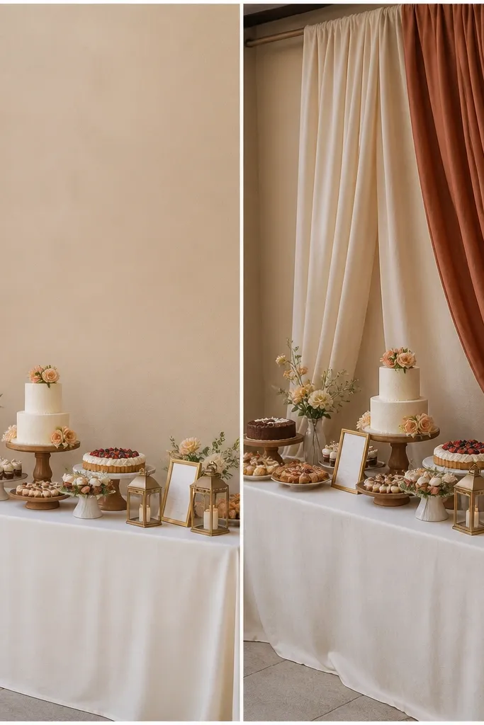 Left shows a dessert table with cakes and a blank wall behind. Right shows the same dessert table with two draped fabric panels in warm cream/terracotta, framed menu cards, and small lanterns along the edge.