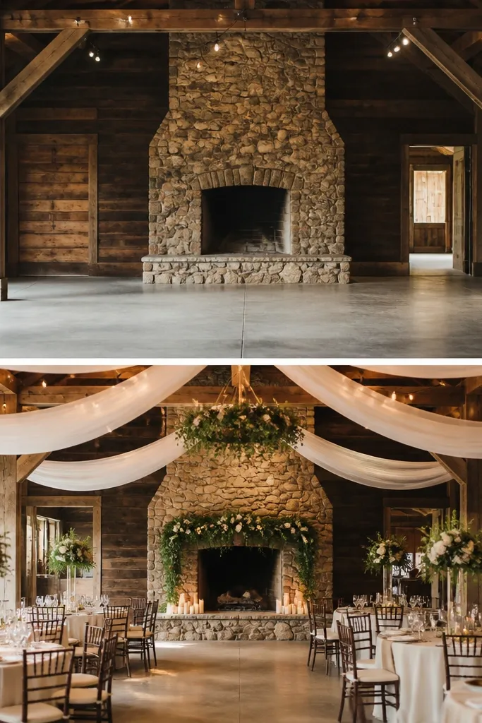 Rustic wedding setups before and after