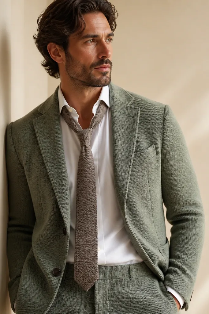 A man in a sage green knit suit jacket and matching trousers, posed with a white dress shirt open at the collar. The tie is a muted taupe-gray knit. The fabric shows visible knit texture and a slightly soft sheen. Background is a neutral indoor wall with warm light.