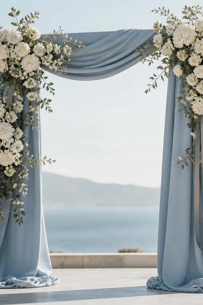A ceremony arch draped in dusty blue fabric with white florals arranged densely on the front. The ribbon accents are pewter-gray, and the arch sits against a bright outdoor background. The fabric looks matte with light folds, not shiny.