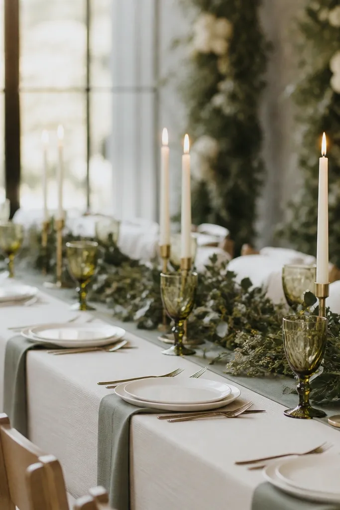 A long reception table with a sage linen runner. Olive-colored glassware sits between cream taper candles. White plates and simple cutlery reflect soft light. Behind the table, greenery garlands add depth.