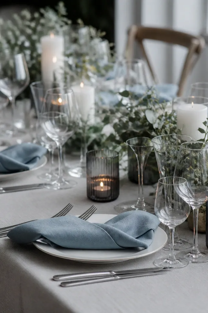 A reception table with dusty blue napkins and crisp white plates. Smoky gray glass votives sit in the center, with white candles and small gray-green floral accents. The lighting is soft and cool.