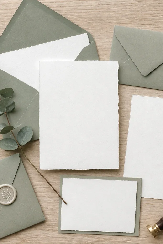 A flat lay of wedding stationery: sage green envelopes, white invitation cards, and a small eucalyptus sprig near a wax seal. The ink is warm gray, and the envelope edges show a soft sage tone. The background is a light wood table.