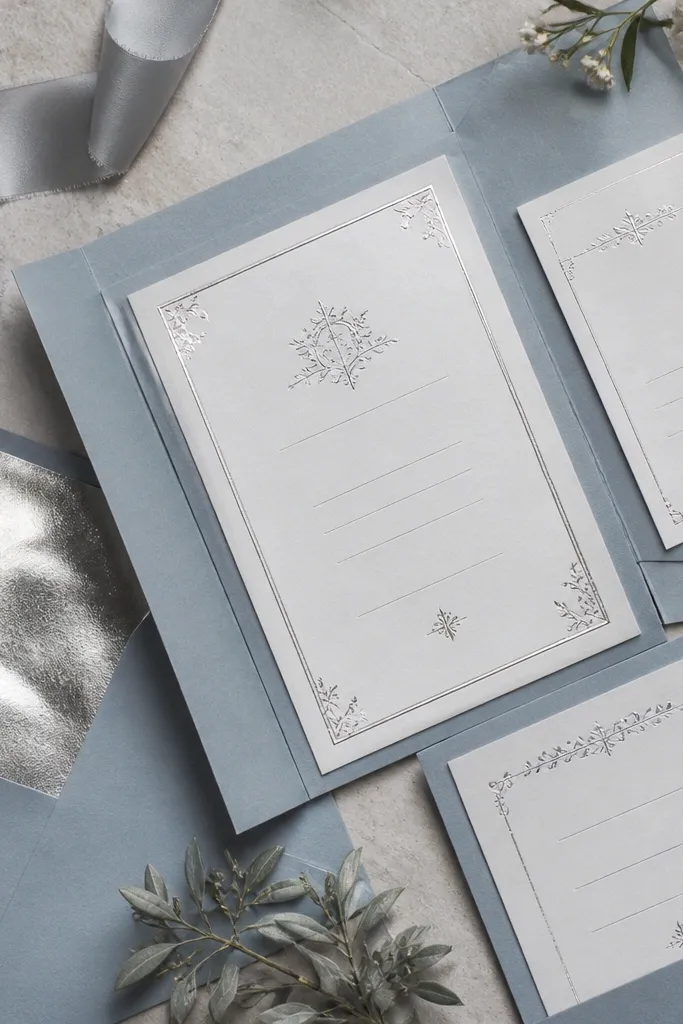 Wedding invitations laid out with dusty blue card edges, white inner cards, and subtle silver foil lettering. Slate-gray details appear in borders. A small metallic envelope liner peeks out, and the background is neutral stone.