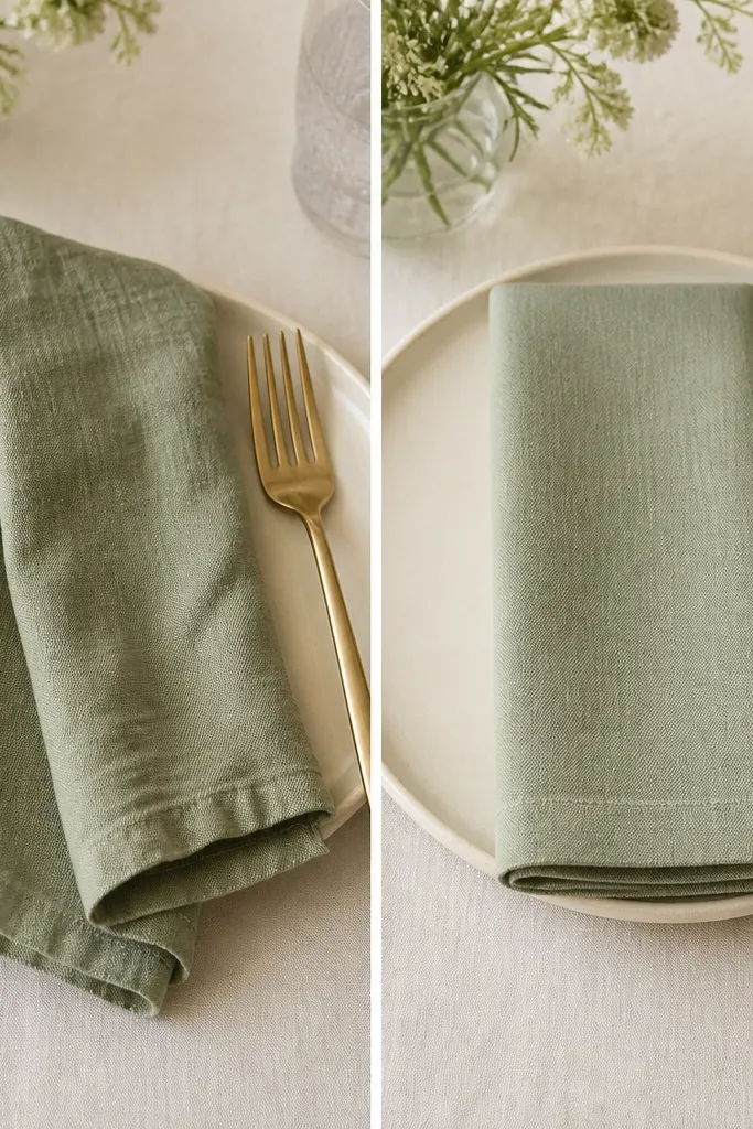Two side-by-side tables: the left shows sage napkins that look creased and slightly uneven at the fold; the right shows sage napkins with a clean, pressed hem and a neat fold, placed on cream plates with a simple gold fork.