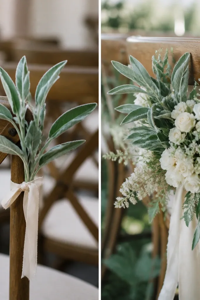 Left shows small isolated sage sprigs tied to chairs; right shows fuller clusters attached to chair backs with sage and cream flowers, giving a denser look.