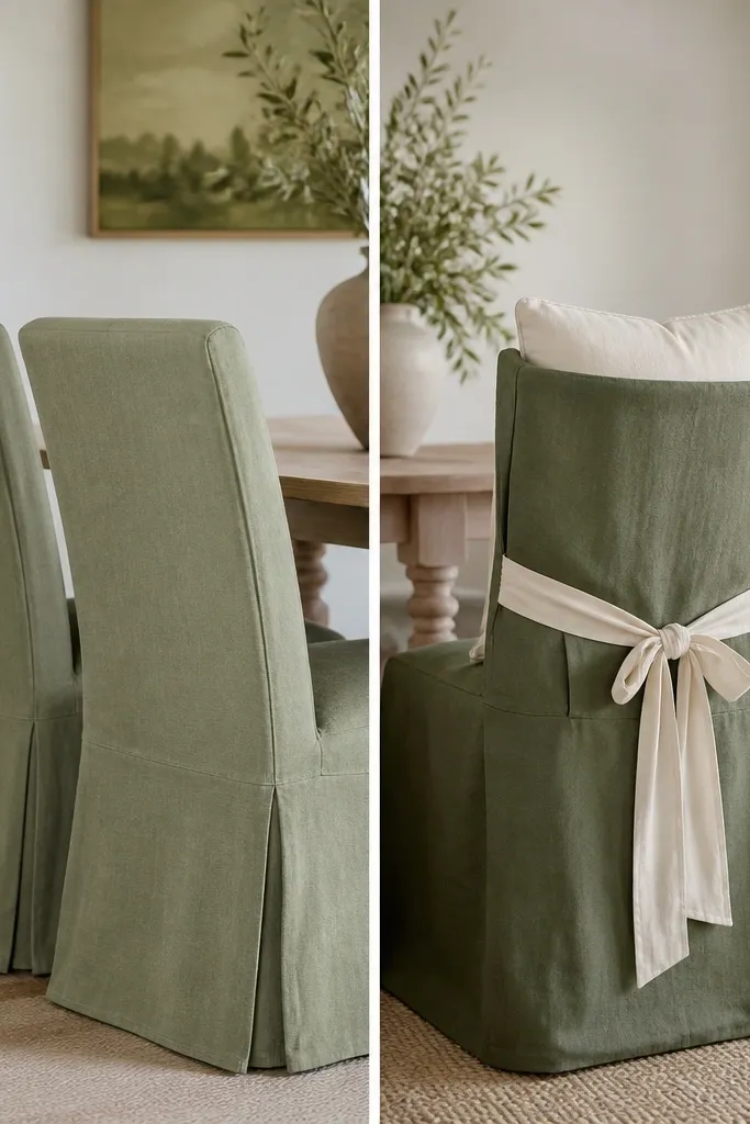 Left shows chair backs upholstered in sage without contrast; right shows sage slipcovers paired with cream cushions and a cream ribbon tied at the back.
