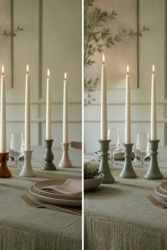 Left shows candles in different holder colors that clash with sage; right shows matching sage-toned candle bases with cream tapers in the same height across the table.