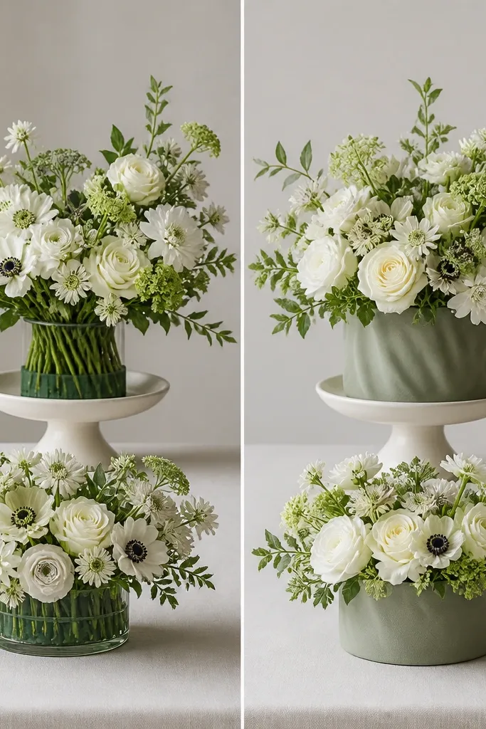 Left shows arrangements where the foam and stems look exposed and the base is visible; right shows arrangements with sage-toned wrap covering the mechanics, with flowers sitting cleanly on top.