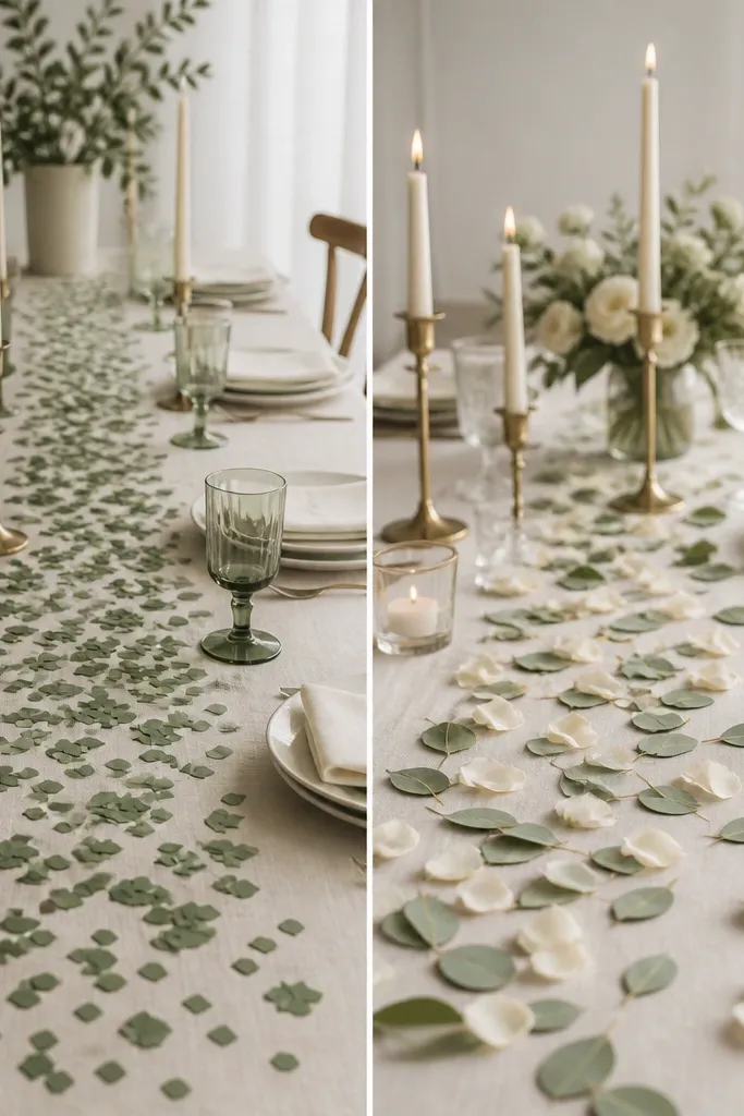 Left table scatter uses uniform green pieces that look like confetti; right uses mixed leaf-shaped sage pieces and a few cream petals scattered in a natural spread.