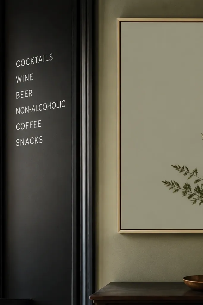 Left bar signs are white vinyl lettering on a dark surface; right shows charcoal text on a sage-backed board with a small gold accent frame.