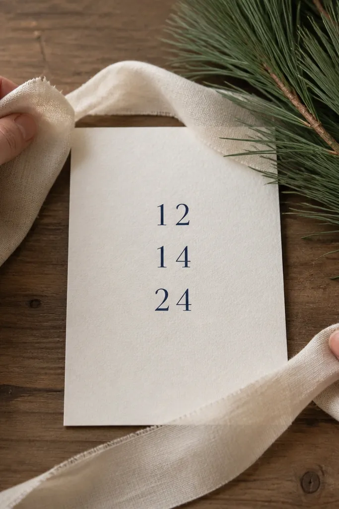 A close-up video frame shows two hands sliding a cream linen ribbon across a wooden table while a small bundle of pine branches rests beside it; a matte cream invite card sits centered with date text in dark navy.