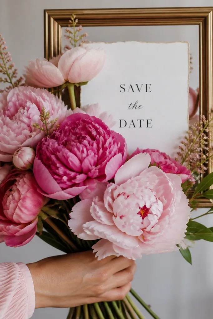 A hand in a pale pink sleeve holds a peony bouquet; the save the date card is framed behind the flowers, with the text visible through a gap.