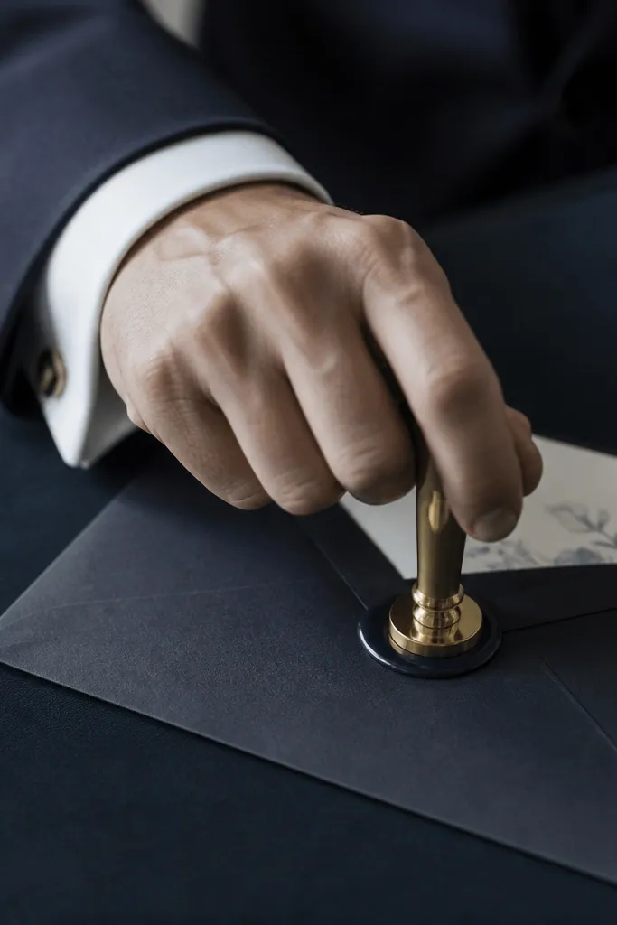 A close-up of a midnight navy suit cuff with a hand pressing a wax seal stamp onto a matte paper envelope; the save the date card peeks from inside.