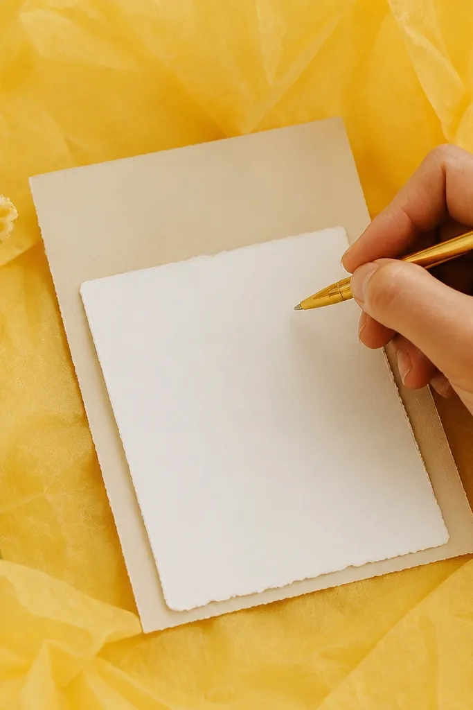 A bright sunflower yellow tissue backdrop fills the frame; a hand writes date text on a small card while the save the date sits underneath, aligned.