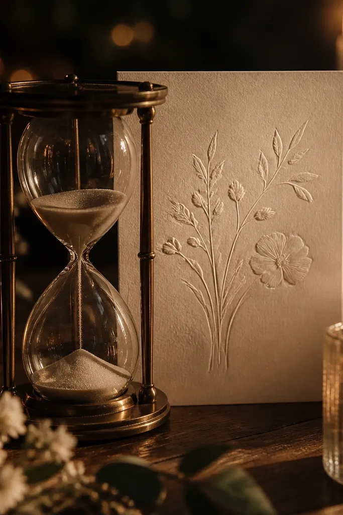 A dim candlelit table shows an hourglass with sand falling; the save the date card sits behind it, lit by warm candle reflections.