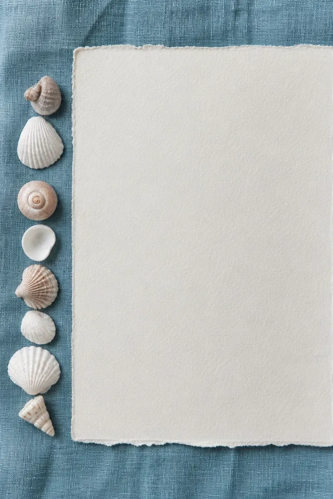 A top-down shot shows ocean blue linen fabric; small shells are stacked in a line along the edge of a save the date card.