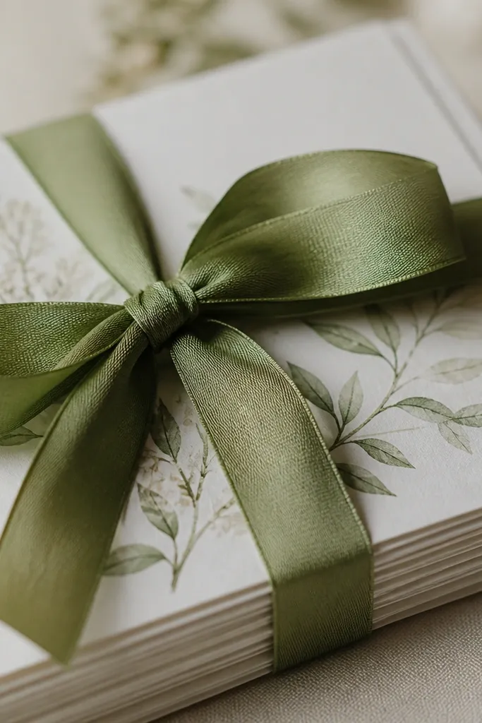 A matcha green ribbon ties around a small bundle of printed save the date cards; the camera focuses on the tied knot and corner alignment.