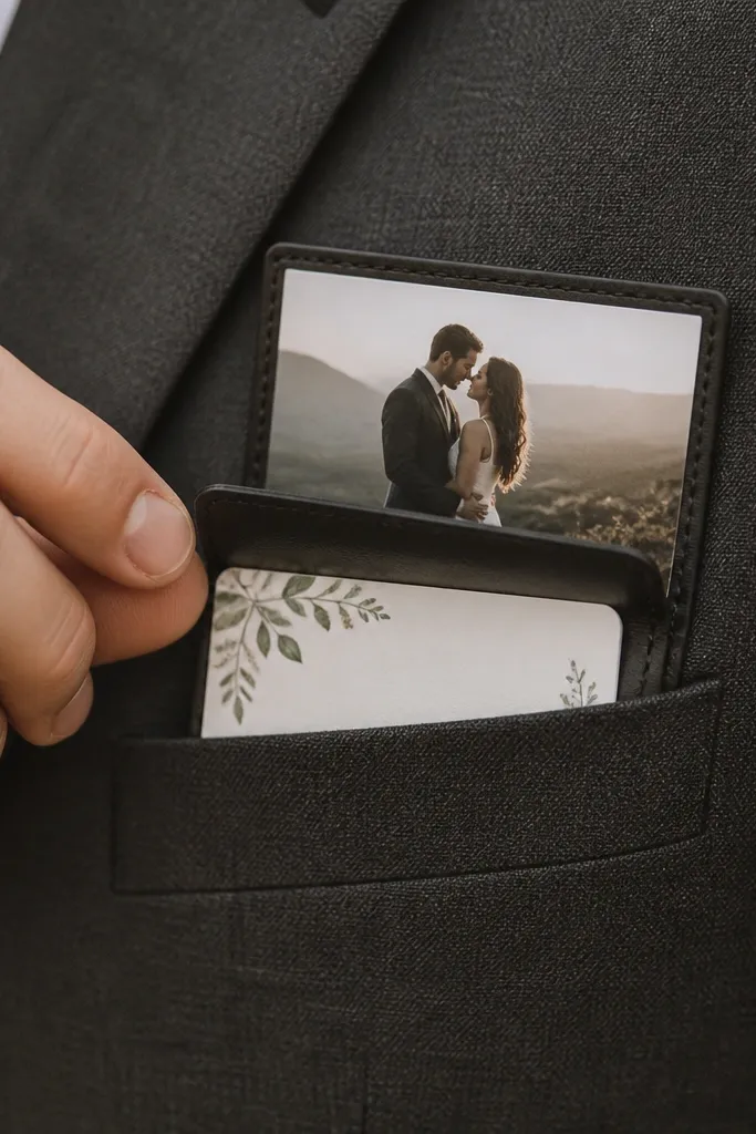 A charcoal suit lapel fills the frame; a hand flips open a pocket photo holder where a small photo reveals the save the date card text behind it.