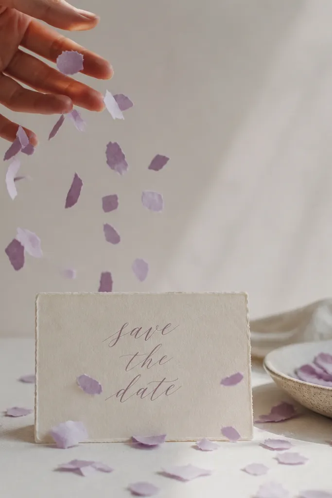 A light background shows lilac cut paper pieces falling slowly as a hand releases them; the save the date card sits underneath with text visible.