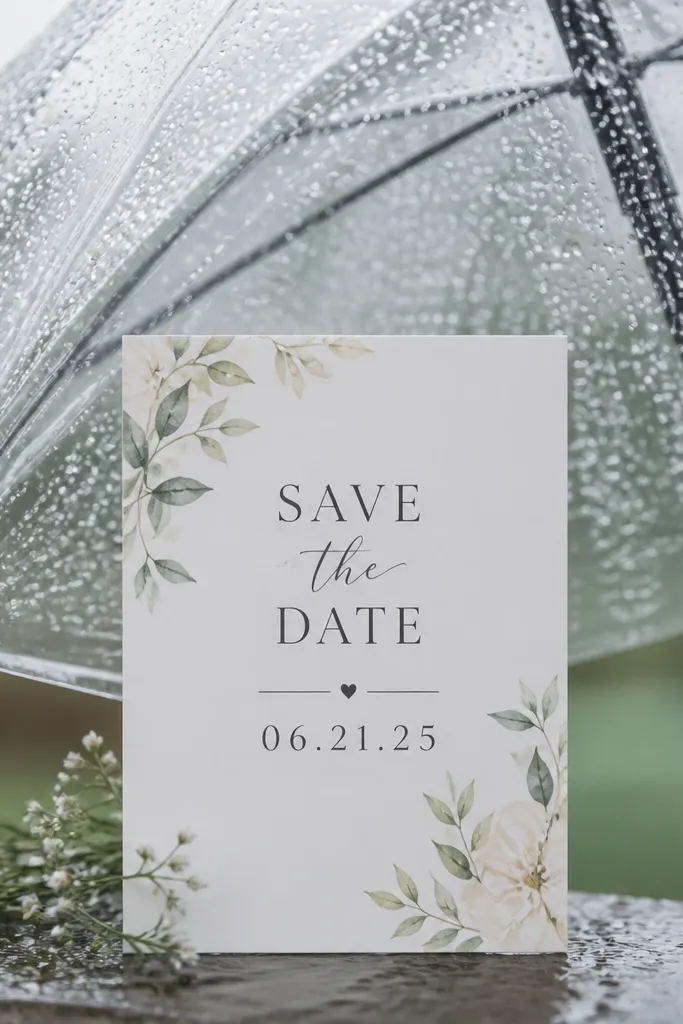 A transparent umbrella frames a printed save the date card; raindrops dot the plastic and the date text is centered and sharp.
