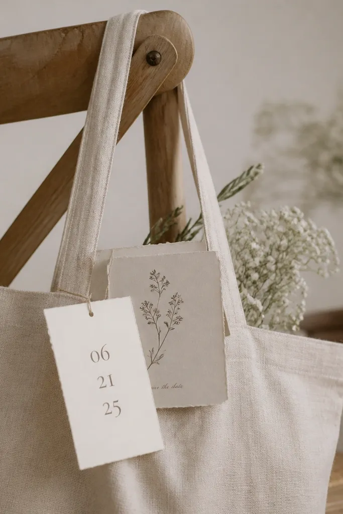 A linen tote bag hangs from a chair; a paper tag swings in front of the save the date card, with the date text visible as it swings.