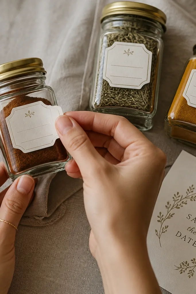 A macro shot shows hands placing small label stickers on spice jars; the save the date card lies beside them with matching label typography.