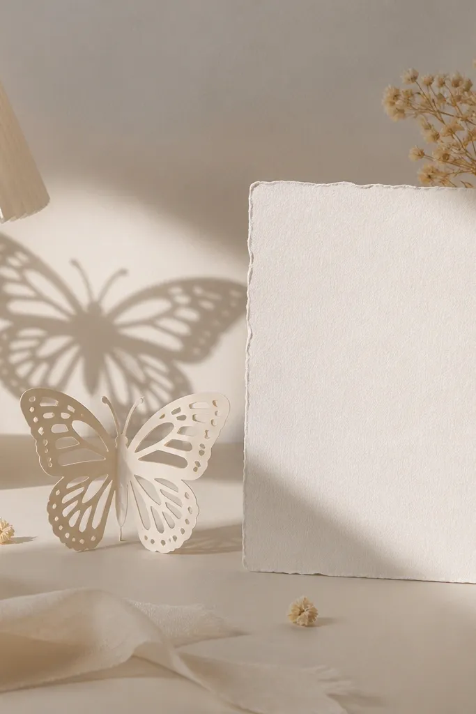 A butterfly paper cutout is placed between a lamp and a save the date card; the butterfly shadow lands over the background while the card text remains clear.