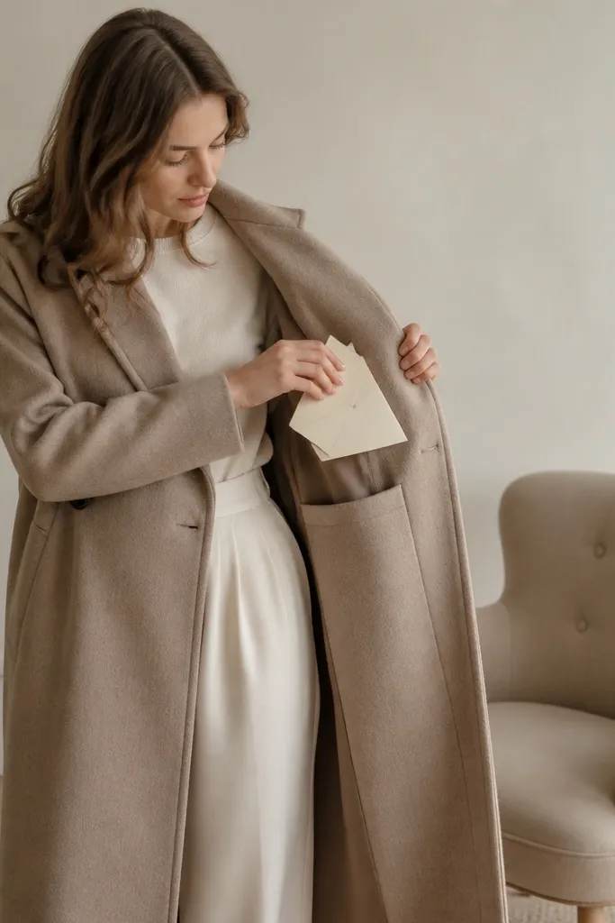 A model in a wool winter coat pulls a folded save the date card from the inside pocket; the card slides out and lands in front of a neutral chair.