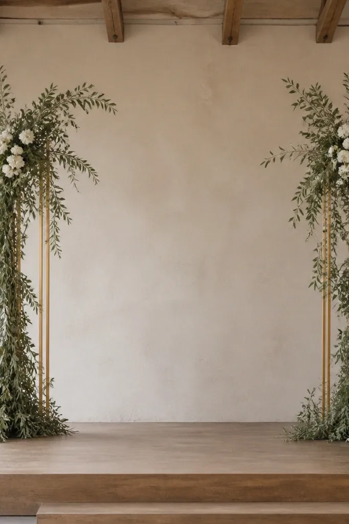 Two tall stands on the stage edges wrapped with sage-colored greenery garlands, with a few small white blossoms tucked near the top and loose ends falling toward the floor.