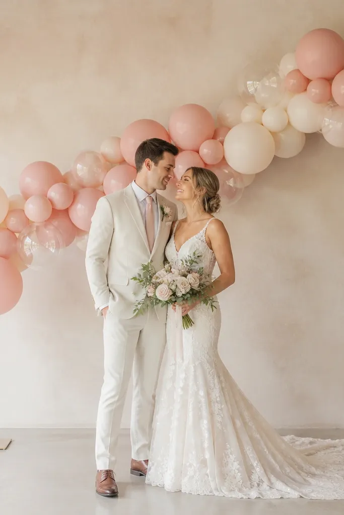 A blush and cream balloon garland attached to two floor anchors, arcing behind the couple with a mix of matte blush balloons and one or two clear balloons.