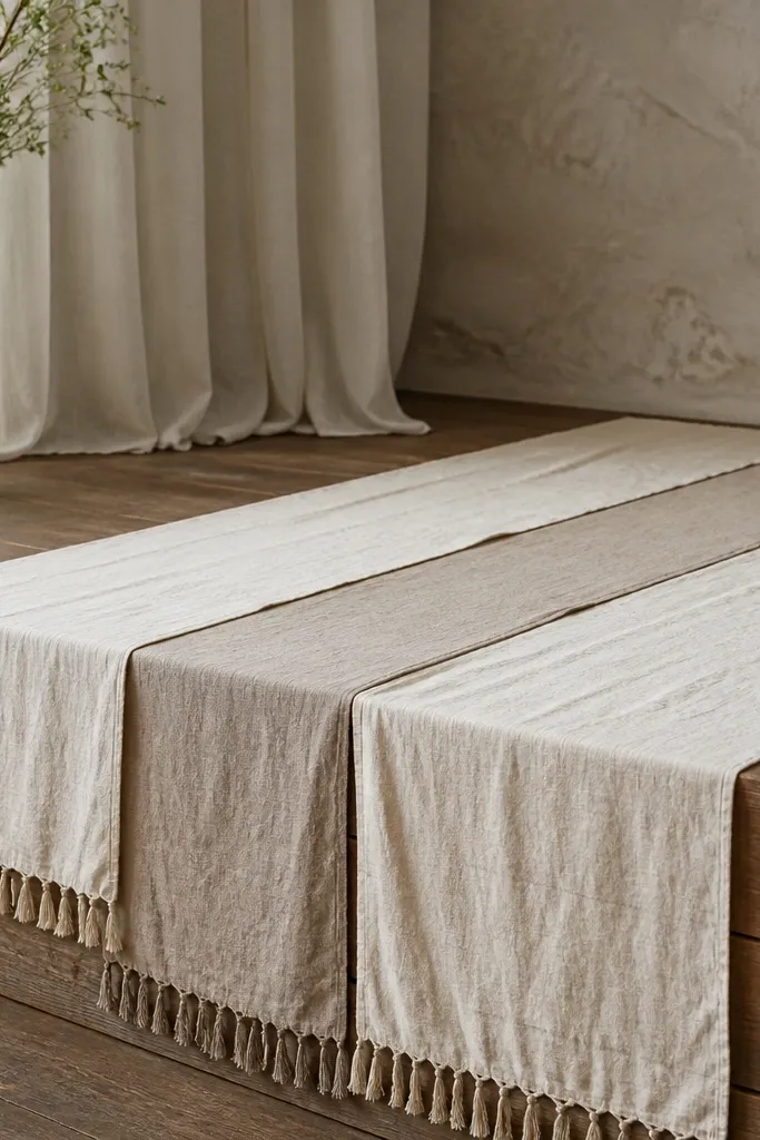 Two or three long linen runners in cream and oatmeal laid lengthwise across the stage platform, with natural wrinkles and tassel ends visible.
