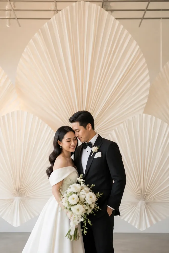 Several large paper fans in soft ivory suspended from a ceiling grid or stand, fanning out behind the couple with one central fan taller than the others.