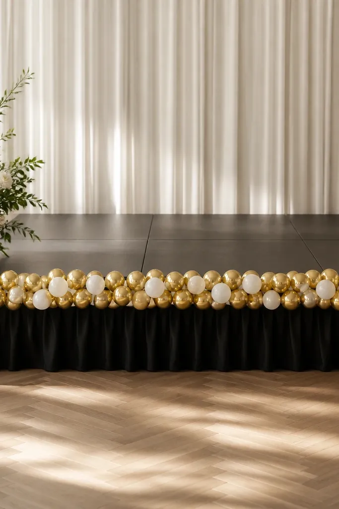 A straight line of small gold metallic balloons tied along the front edge of the stage, with a few white balloons mixed in.
