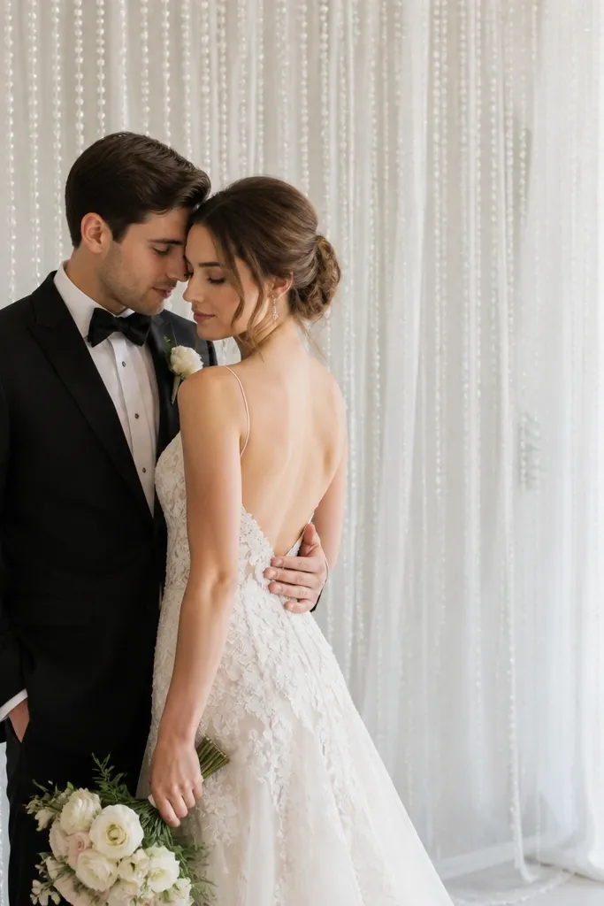 A curtain of sheer tulle behind the couple with pearl-like bead garland strands hanging vertically, creating a soft sparkling texture.